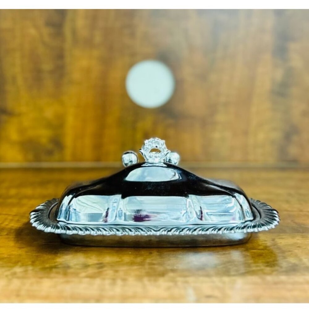 Vintage Shelton-Ware chrome covered butter dish w/ knife rest